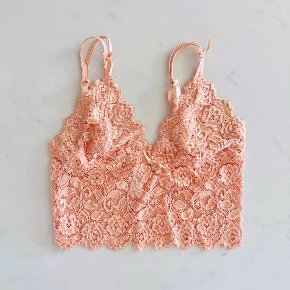 Cabernet Coral Pink Lace Bralette Top, Ribbon Bow & Adjustable Straps sz. S